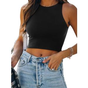 REORIA Butsmooth Women's Sleeveless Halter Neck Double Lined Casual Basic Crop Tank Tops (Medium, Black)