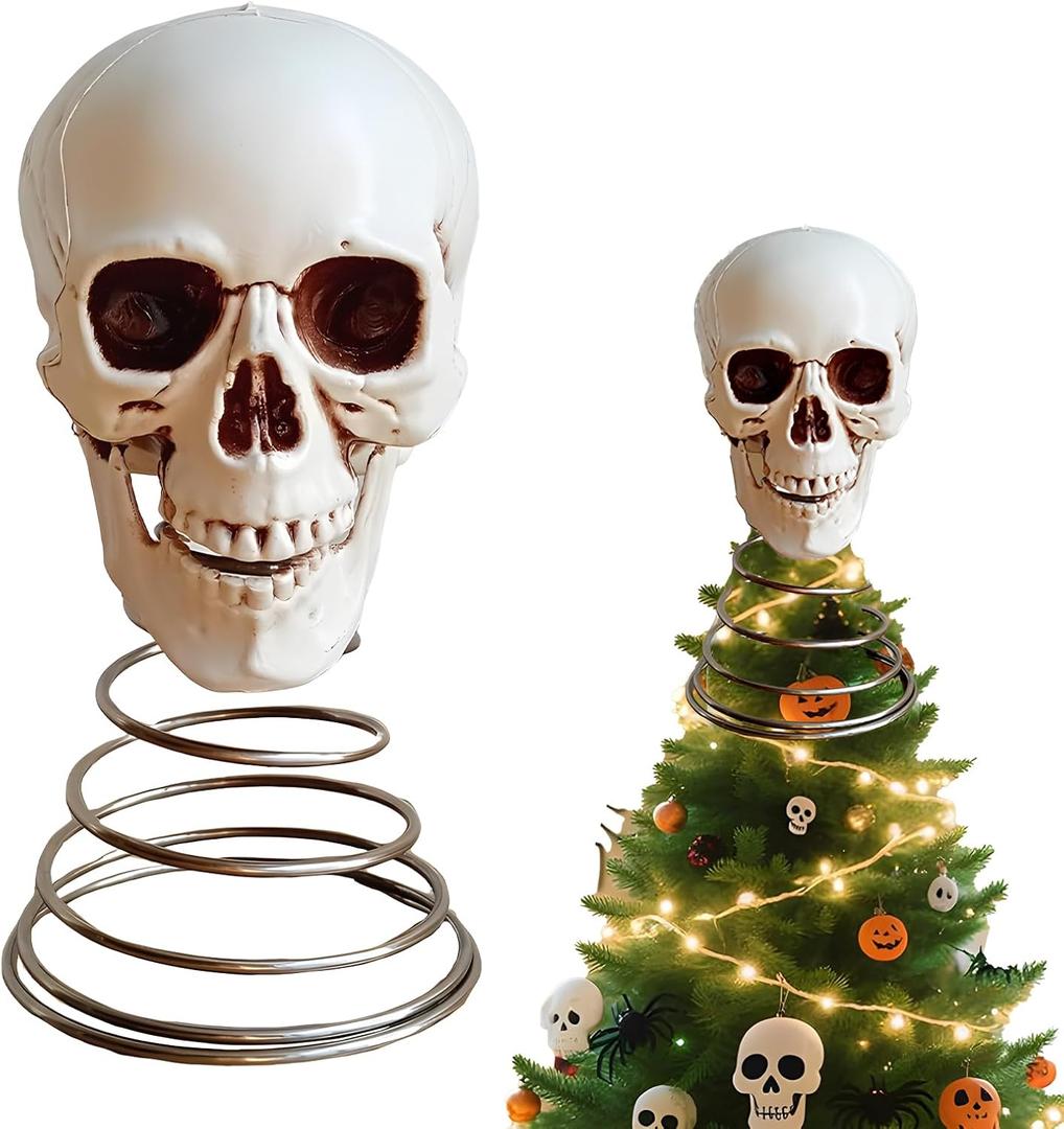 Halloween Tree Topper, Skull Tree Topper Decor with Santa Hat, Christmas Trees Spooky Decorations, 5 Inch Skeleton Head Party Props for Halloween Garden Home Lawn Party Decor