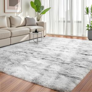 YOBATH Fluffy 8x10 Area Rugs for Living Room Bedroom, Large Modern Soft Shag Rugs for Kids Girls Boys, Non-Slip Plush Shaggy Rugs for Playroom Nursery Dorm Room, Tie-Dyed Light Grey