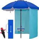 HOMEDEMO 7FT Beach Umbrella with Table & Anchor, Heavy Duty Windproof with UPF 50+ Sun Protection, Outdoor Umbrellas with Adjustable Aluminum Pole