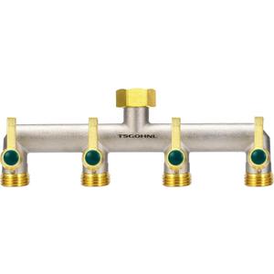 Brass Garden Faucet Splitter, 4-Way Hose Splitter with 4 Extended Metal Handles, Outdoor Hose Divider, Heavy Duty Nickel Plated, GHT 3/4-Inch Heavy Duty Hex Female Inlet and 3/4-Inch Male Outlet
