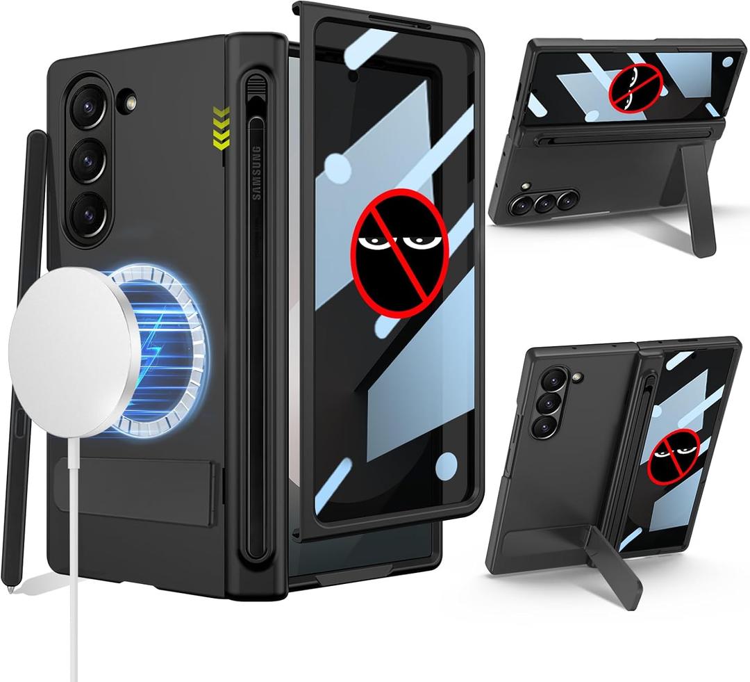 for Samsung Galaxy Z Fold 6 Case with New Integrate Thinner Pen Holder, Built in Privacy Screen Protector, for Round Shape Magsafe Accessories, Adjustable Metal Stand, Magnetic 2024, Black