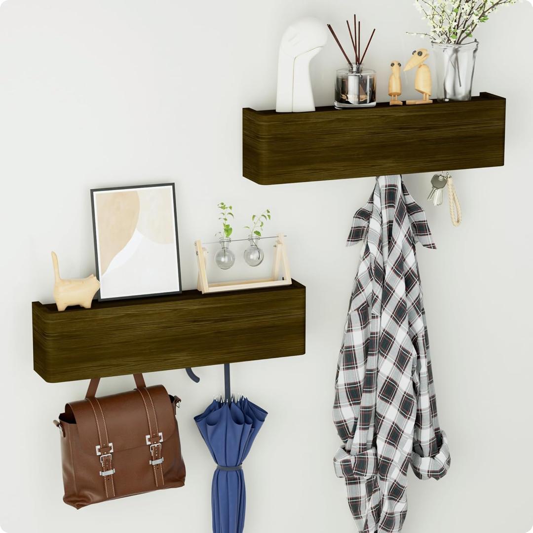Coat Rack Wall Mount with Shelf and 4 Metal Hooks for Clothes and Towels - Wooden Storage Shelf for Entryway, Bathroom, Bedroom, Living Room - Keys Holder on Wall - Dark Brown, Set of 2