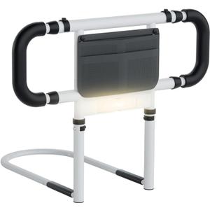 LIUQIBAX Bed Rails for Elderly Adults Safety: Elderly Assistance Products with Adjustable Double Grips, Storage Pocket, Motion Sensor Light, Items for Elderly Bed Rail, Can Withstand 300lb(White)