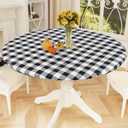 Smiry Round Picnic Tablecloth, Elastic Waterproof Fitted Vinyl Tablecloths for 36"-44" Tables, Flannel Backed Buffalo Plaid Table Cover for Dining, Camping, Outdoor, Black and White