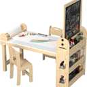 3 in 1 Wooden 45.3"L x 23"W Kids Art & Craft Table and 2 Chairs Set, Magnetic Double-Sided BlackBoard & WhiteBoard and Paper Roll Rack, Toddler Activity Center and Station for Drawing(White)-SK