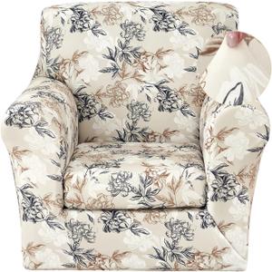 JQinHome 2 Piece Stretch Sofa Cover Printed Couch Covers, Floral Pattern Armchair Slipcover with Separate Chair Cushion Cover, Washable Furniture Protector for Living Room(Armchair,Flowers Shadow)