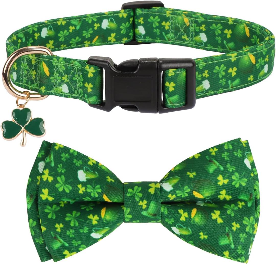 PTDECOR St.Patrick Dog Collar with BowtieMulti Size Adjustable Green Shamrock Pet Collars for Medium Dogs (Medium) (MNeck 14"-19",Wideth 0.8"))