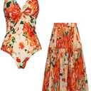GRACE KARIN Women's One Piece Swimsuits with Cover Up Skirt Tummy Control V Neck Bathing Suits 2XL, Orange Floral