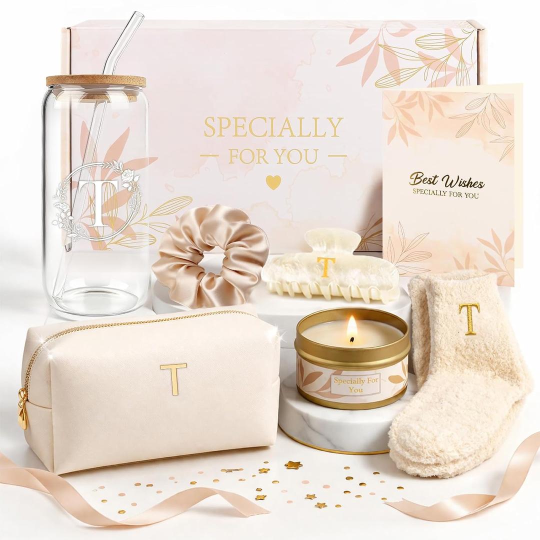 T Personalized Gifts for Women - Initial Cute Hair Clips + Glass Cups w/Lids Straws, Makeup Bag Monogrammed Gifts for WomenUnique Ideas Birthday Gift for Her, Christmas & Bridesmaid Gifts