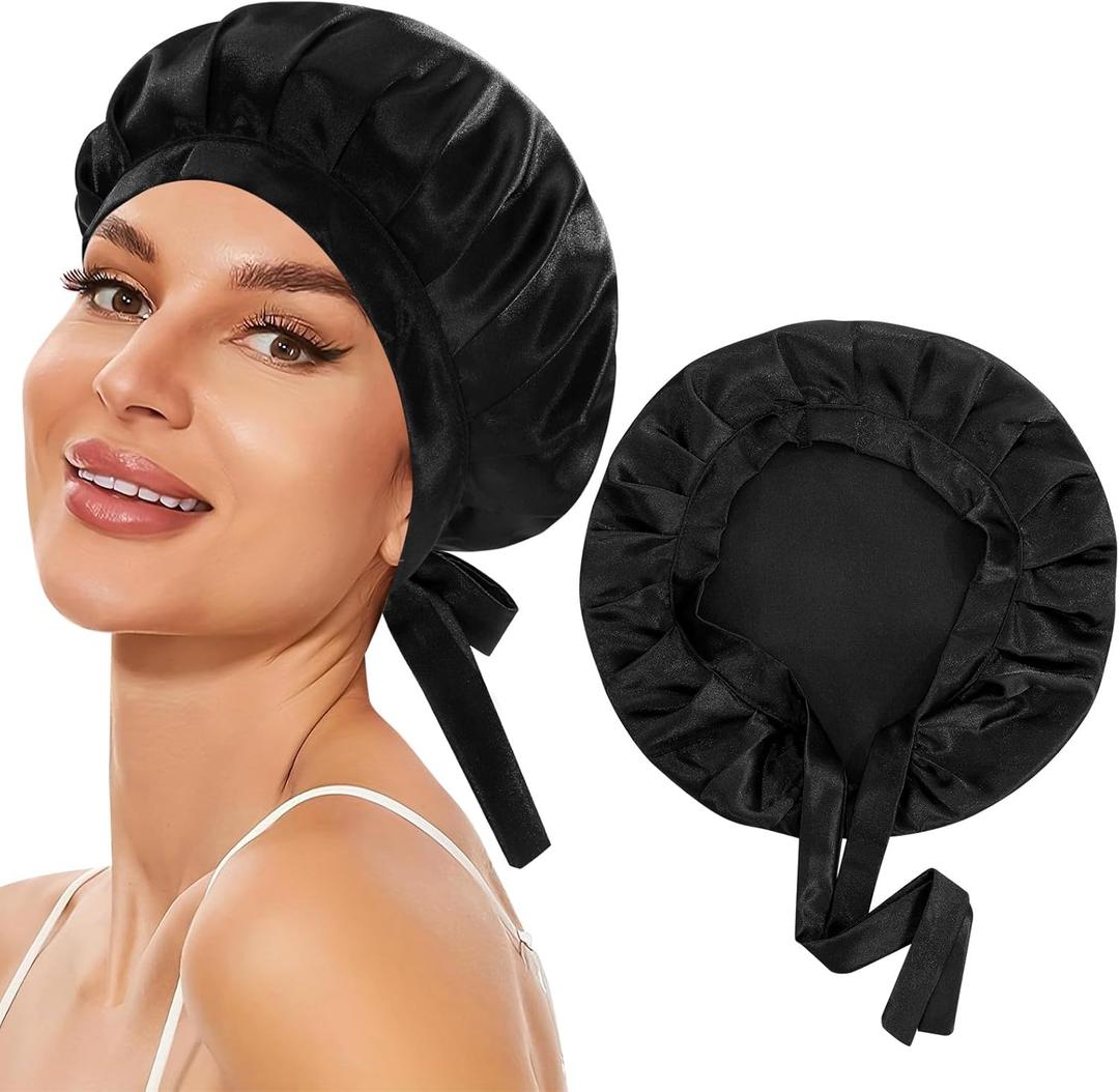Satin Hair Bonnet for Sleeping, 10 inches Adjustable Silk Sleep Cap, Double Layer Tie Bonnet, Silk Hair Wrap, Shower Cap for Braids Men Women (Black)