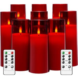 Flickering Flameless Candles Battery Operated with Remote and 2/4/6/8 H Timer Plexiglass Led Pillar Candles Pack of 9 (D2.3 xH 5" 6" 7") with Realistic Moving Wick Candles for Home Decor(Red)