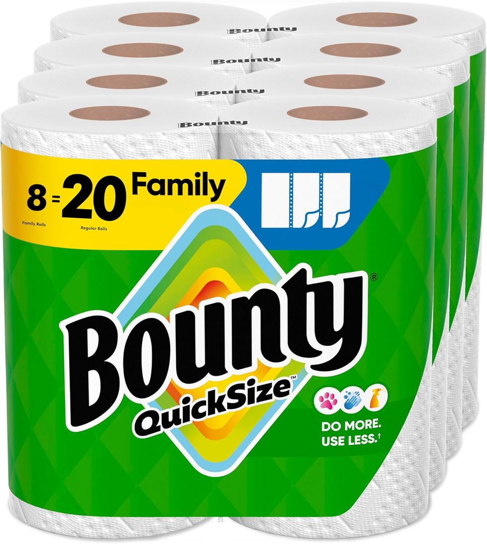 Bounty Quick Size Paper Towels, White, 8 Family Rolls = 20 Regular Rolls (Packaging May Vary) (107 sheet (Pack of 8))