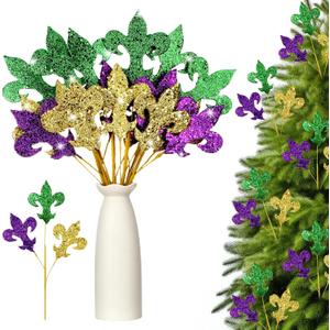 Suncalla 12 Pcs Mardi Gras Decoration Mardi Gras Picks 15 Inch Glitter Fleur De Lis Picks Carnaval Purple Green Gold Ornament for Tree Topper Home Floral Arrangement Wreath Party Decor