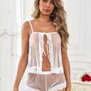 Kolagri Sexy Women Lace Pajamas Lingerie Set High Waist Sheer Sleepwear Bow Ties Cami Shorts Set (White)