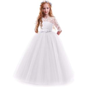 Girls Flower Vintage Floral Lace 3/4 Sleeves Floor Length Dress Wedding Party Evening Formal Pegeant Dance Gown (11-12 Years, White)