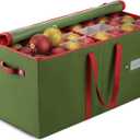 ZOBER Large Christmas Ornament Storage Box - Stores 128 3" Ornaments, With Dividers - Ornament Organizer Storage Box, Durable Christmas Containers Holder - Extra Pockets, Dual Zipper - Green