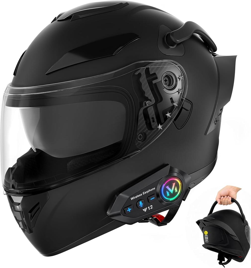 Full Face Motorcycle Helmets with Bluetooth DOT | Motorcycle Helmet for Adults Men and Women, Dual Visor, Handle Design, L
