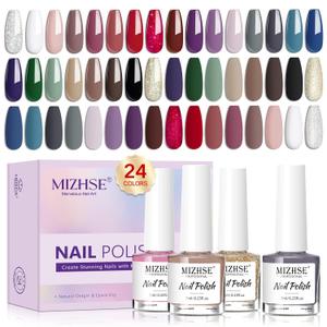 MIZHSE Quick Dry Nail Polish Set, 24 Colors Fall Winter Regular Nail Polish Non Gel, Air Dry Fast Trendy Glitter Bulk Gray Brown Nail Lacquer Oil-based Fingernail Toe Home DIY Gift for Women