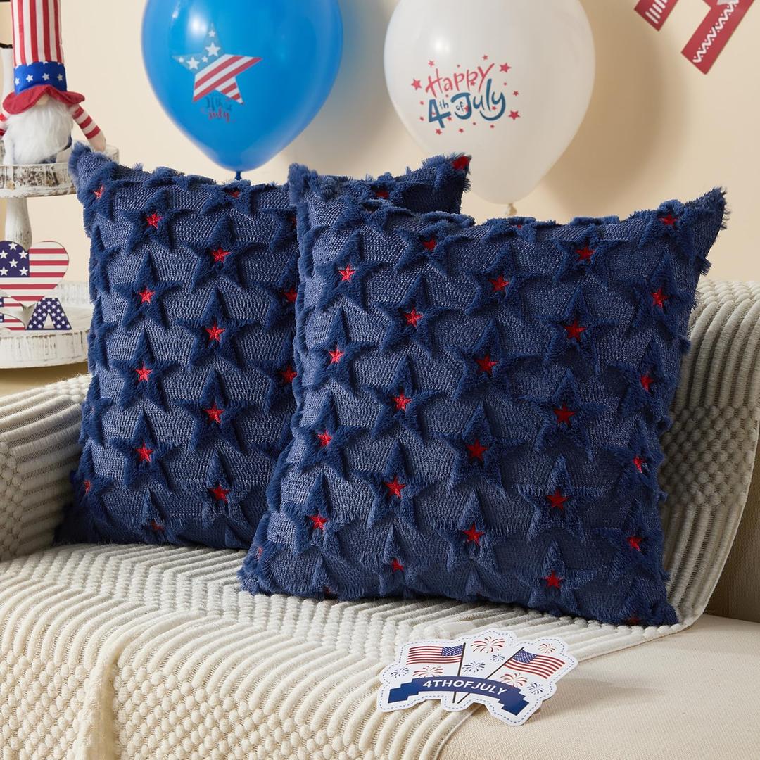 DFXSZ 4th of July Pillow Covers 20x20 inch Set of 2 4th of July Decor Red Embroidery Star Decoration Soft Plush Faux Fur Jacquard Throw Pillows Independence Day Decorations for Home Sofa PTK027A20
