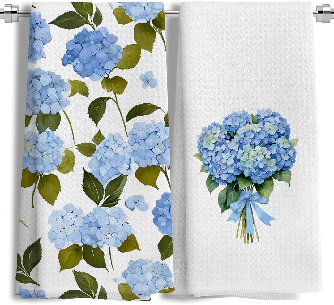 Blue Hydrangea Flower Floral Kitchen Towels Set of 2，Blue Hydrangea Floral Kitchen Bathroom Decor Gifts，16x24 Inch