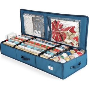 Hearth & Harbor Wrapping Paper Storage Container - Christmas Storage Bag with Interior Pockets - Gift Wrapping Organizer Storage Fits Up to 22 Rolls of 40" (Medium, Blue)
