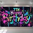 Neon 7th Happy Birthday Banner 71x43 Inch Paint Splatter Glow in The Dark Party Backdrop Colorful Wall Decor for Kids Boys Girls Seventh Birthday Celebrations Photo Booth Props Event