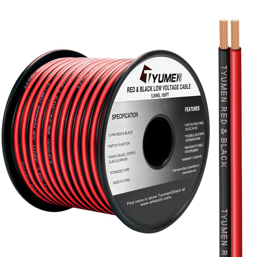 100FT 12/2 Gauge 2pin 2 Color Red Black Cable Hookup Electrical Wire LED Strips Extension Wire 12V/24V DC Cable, 12AWG Flexible Wire Extension Cord for LED Ribbon Lamp Tape Lighting
