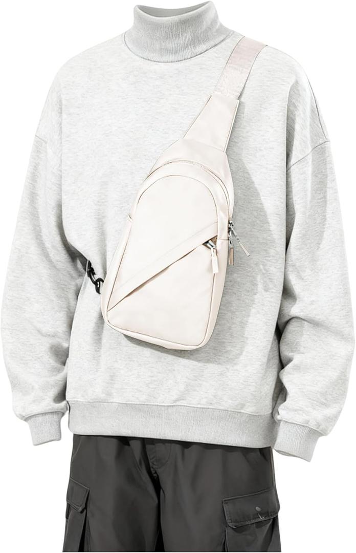 SEAFEW White Sling Crossbody Bag for Men Women, Tactical Backpack Shoulder Daypack Mini Anti-Theft Cross Body Motorcycle Chest Bags, Small One Strap Fanny Back Pack for Casual Travel Hiking Sport Gym (Beige)