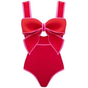 FLAXMAKER Bow Front Cut Out Color Block One Piece Swimsuit and Skirt, S