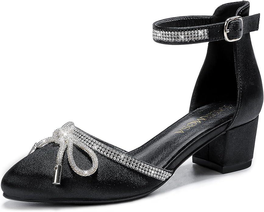LAURMOSA Girls Sandals Closed Toe High Heels Pointed Toe Ankle Strap Pumps Flower Girl Dressy Shoes in Wedding Party Cute Bowknot Chunky Block Heeled for Little Big Kids, Size: 6