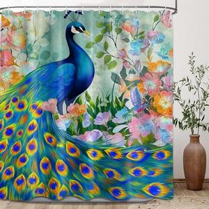 Puuiui Peacock Shower Curtain Feather Asian Chinoiserie Watercolor Floral Art Bathroom Decor, Waterproof Cloth Fabric with Hooks 70x84 inch