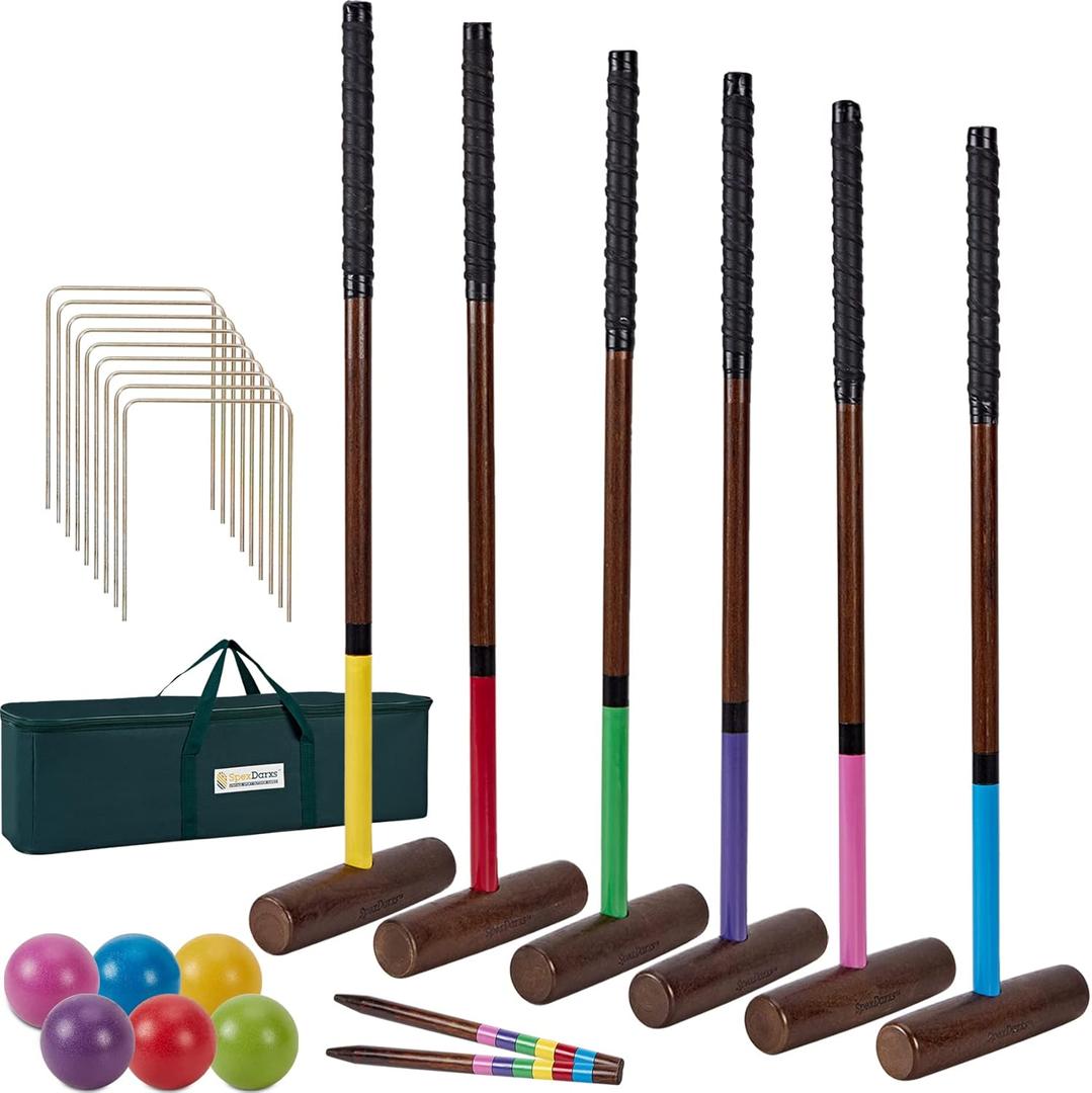 Six Player Croquet Sets, 35 Croquette Set with Premium Wooden Mallets/Colored Balls/Wickets/Stakes/Carrying Bag, Lawn Backyard Outdoor Game for Teenager Adult Family