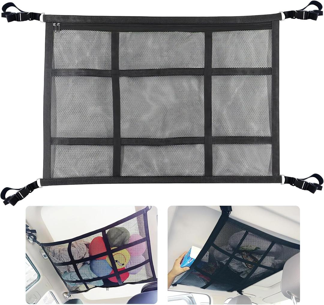 Car Ceiling Cargo Net for SUV,35.4"X25.6"Car Ceiling Storage,Load Capacity Automotive Cargo nets Interior Accessories for Van,Double-Layer Mesh Automotive Roof Camping Essentials