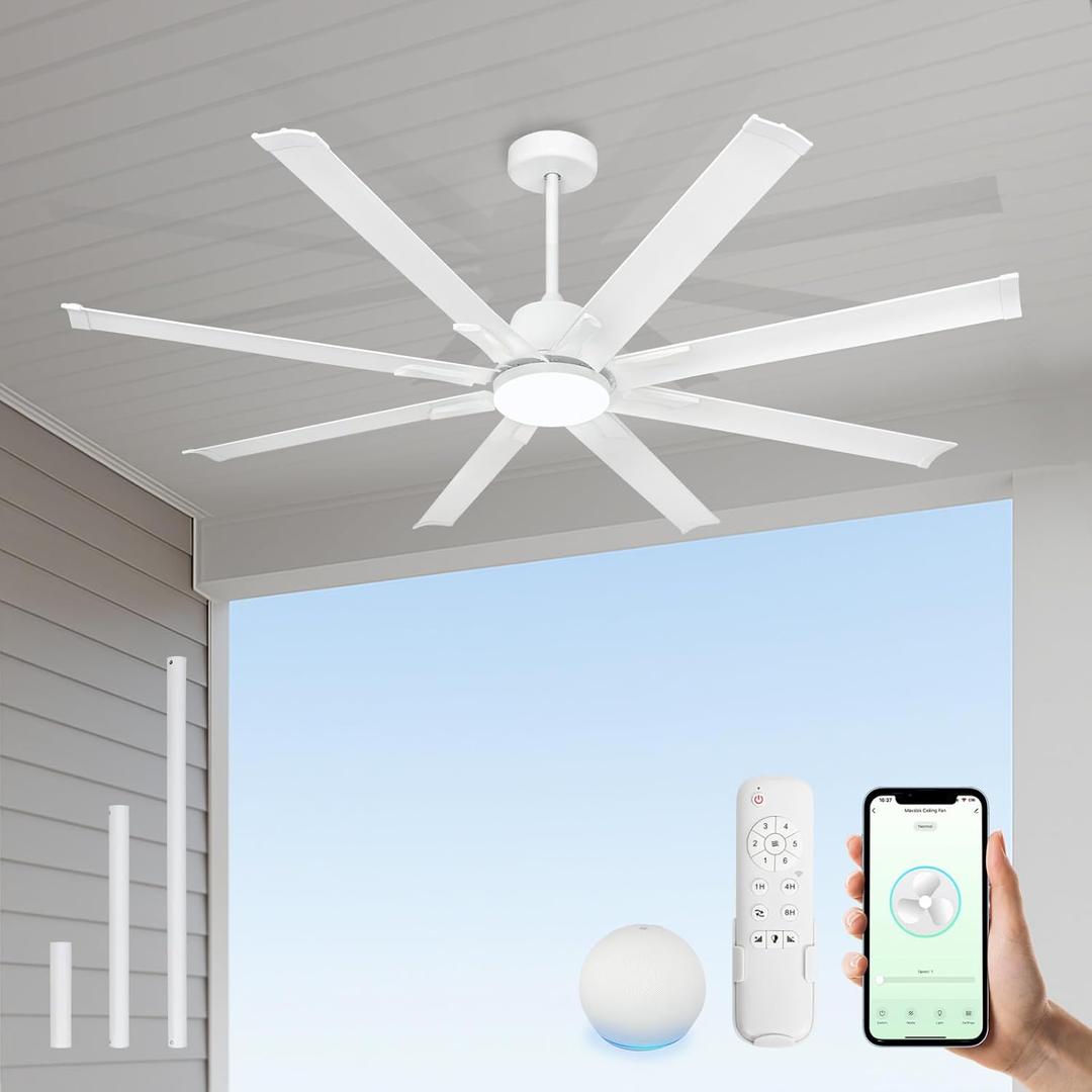72 Inch Ceiling Fan with Light,Industrial Ceiling Fan with 8 White Aluminum Blades,Smart Fan Compatible with Alexa,Garage Outdoor/Indoor Fan for Patio and Living Room