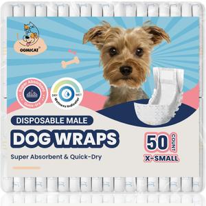 Dog Diapers Male, X-Small 50 Ct, Super Absorbent Male Dog Wraps with Wetness Indicator, Soft Pearl Weave Non-Woven Fabric, Breathable Belly Bands for Male Dogs, Fit for Chihuahua, Yorkshire