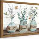 Farmhouse Bathroom Decor Wall Art, Framed Green Botanical Rustic Cotton Pictures Canvas Wall Decor Painting, Country Relax Soak Unwind Sign Artwork Posters Prints for Bathroom 12x16In Dark Wood Frame