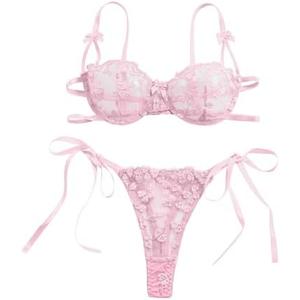 Lilosy Sexy Tie Side Cute Underwire Push Up Strappy Embroidered Mesh Sheer Lingerie Set, S