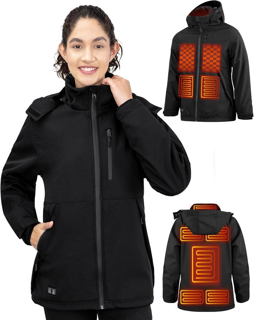 Heated Jacket for Women with Btter Pack, Winter Outdoor Soft Shell Electric Heating Coat with Detachable Hood (Large, Black)