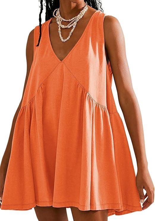 Sleeveless Mini Dress for Women 2026 Summer Casual V Neck Sundress Loose Babydoll Dress with Pockets, XS