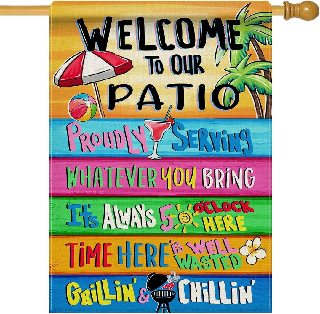 Dyrenson Welcome To Our Patio Summer 28 x 40 House Flag Double Sided, Spring Proudly Serving Whatever You Bring Garden Yard Decorations, Pool Party Outdoor Porch Decor Burlap Decorative Large Flag