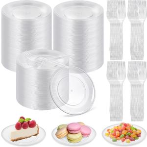 Breroa 300 Pieces Clear Disposable Plastic Plates with Plastic Forks 5.5 Inch Dessert Hard Round Appetizer Plates Food Grade Dinner Plates for Party Wedding Birthdays Elegant Cake Supplies