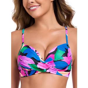 RELLECIGA Womens Underwire Bikini Top Molded Push Up Swim Top Only Swim Bra (Small, Colorful Leaves)