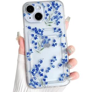 NITITOP Compatible with iPhone 13 Case with Card Holder Clear Cute Floral Flowers Branch for Women Girls Soft TPU Wallet Shockproof Protective Cover - Blue