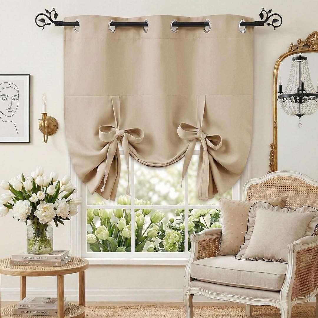 Pony Dance Beige Tie up Shade - Window Valance for Kitchen Tie Up Curtain Grommet Drapery for Home Decor Adjustable Valance, 42''W x 45''L in, Biscotti Beige, 1 Panel