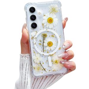 Compatible with Samsung Galaxy S23 Plus Case,Compatible with MagSafe,Cute Pressed Dried Flowers Design Women Girly Shockproof Floral Clear Magnetic Case for Galaxy S23 Plus (White)
