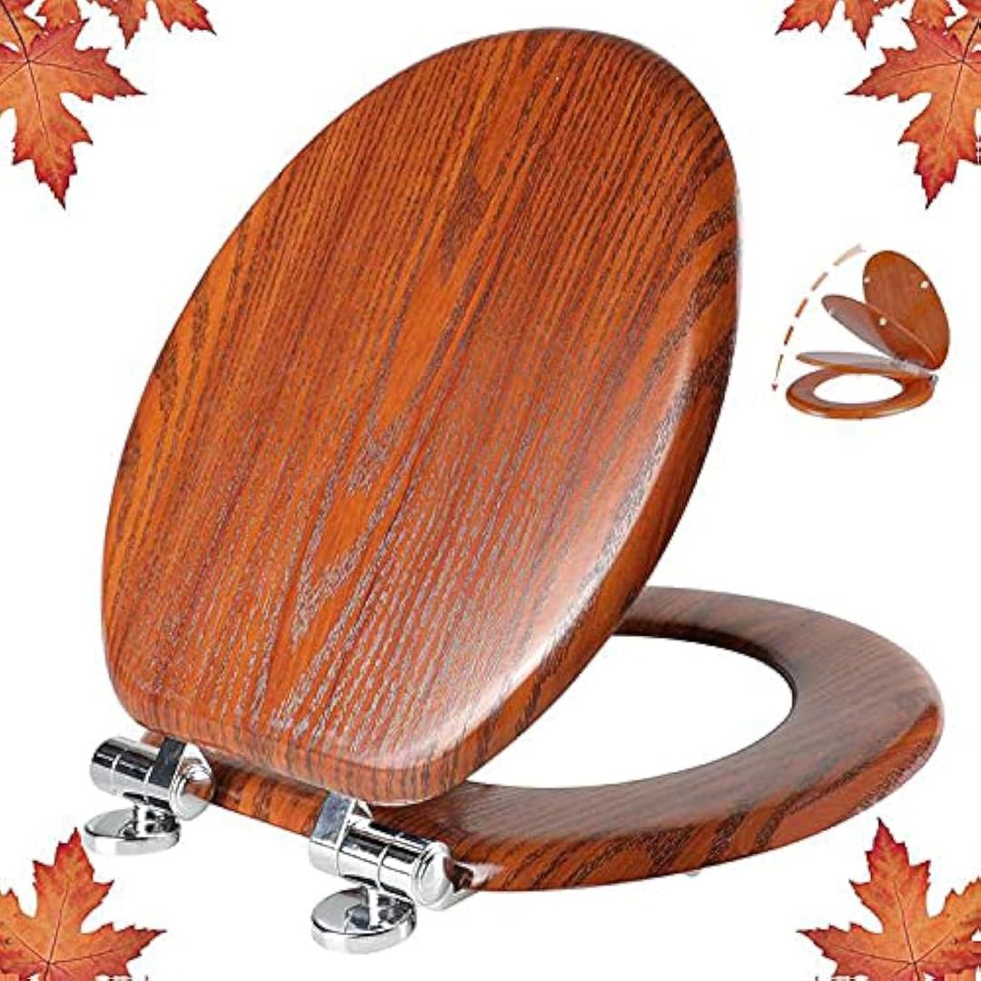 Round Toilet Seat Molded Wood Toilet Seat with Quietly Close and Quick Release Hinges, Easy to Install also Easy to Clean by Angol Shiold (Round, Brownish Red) (Soft Close)