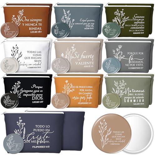 Kacctyen 20 Sets Mother's Day Church Gifts Bulk Spanish Christian Gifts for Women Bible Verse Makeup Bags Religious Gift Regalos Cristianos Para Mujer Canvas Pouch Compact Mirror (Boho Color)
