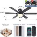 52" Black Low Profile Ceiling Fans with Lights and Remote, Modern Flush Mount Ceiling Fans with Quiet DC Motor, 6 Speeds Reversible, 6 Blades