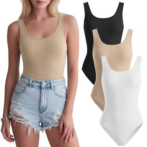 JoyMotion 3 Pack Women's Tank Tops Bodysuits Ribbed Cotton Sleeveless Slim Fit Scoop Neck Shirts Thong Yoga Summer Going out(White, Apricot, Black,X-Large)